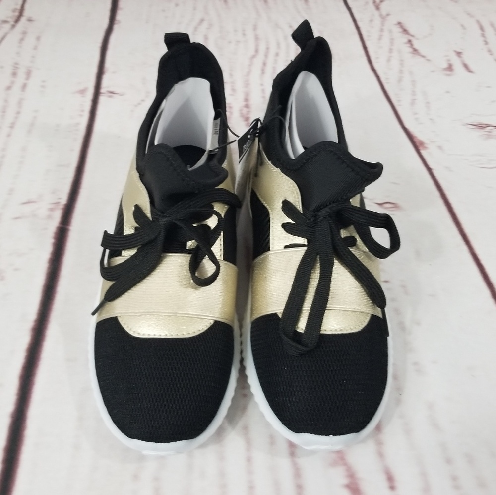 Gold Metallic Color Block Band Trainers Sneakers - Picture 2 of 7